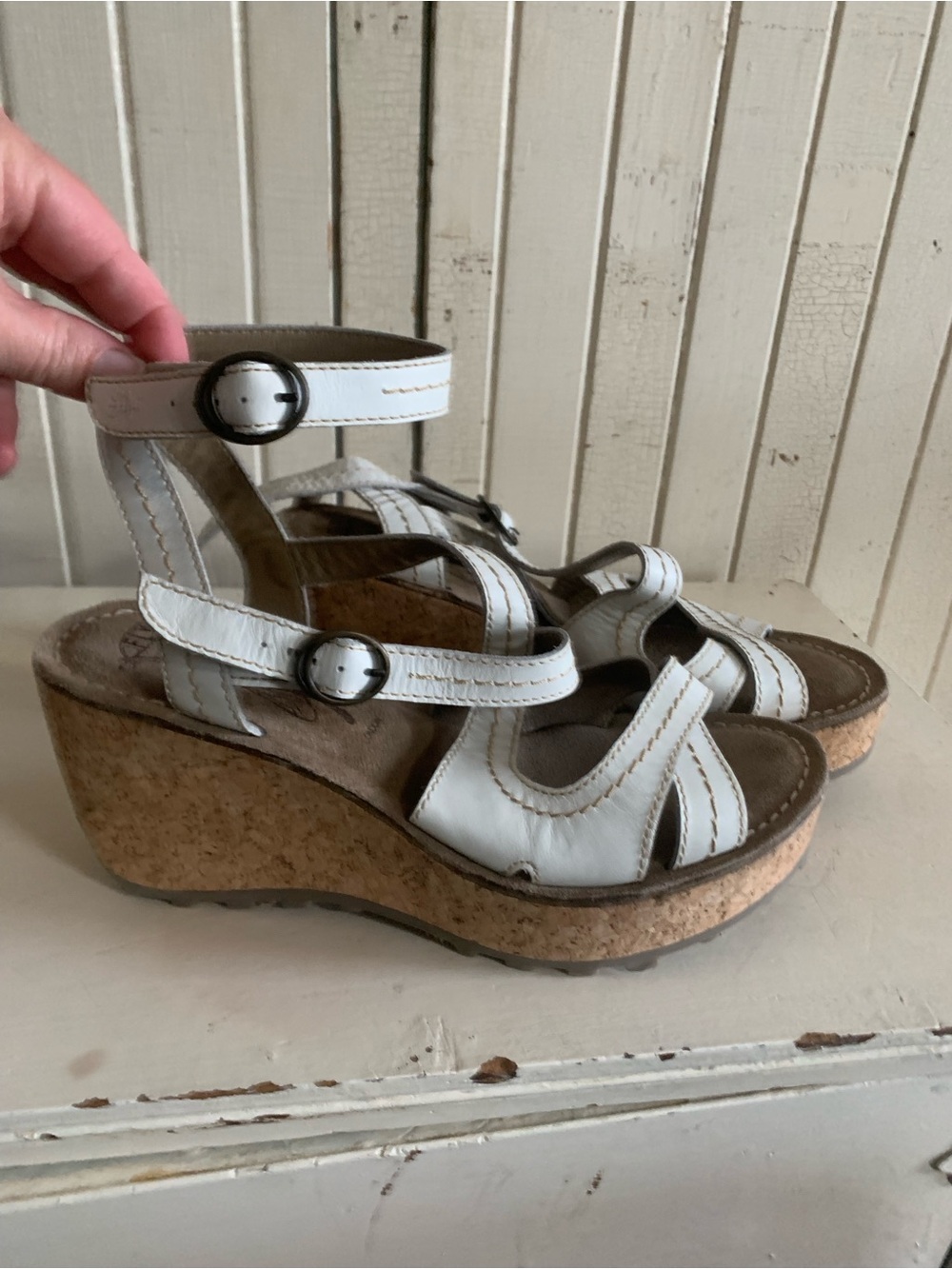 Fly London White Leather Cork Wedge Sandals with Ankle Straps -  Women’s size 41